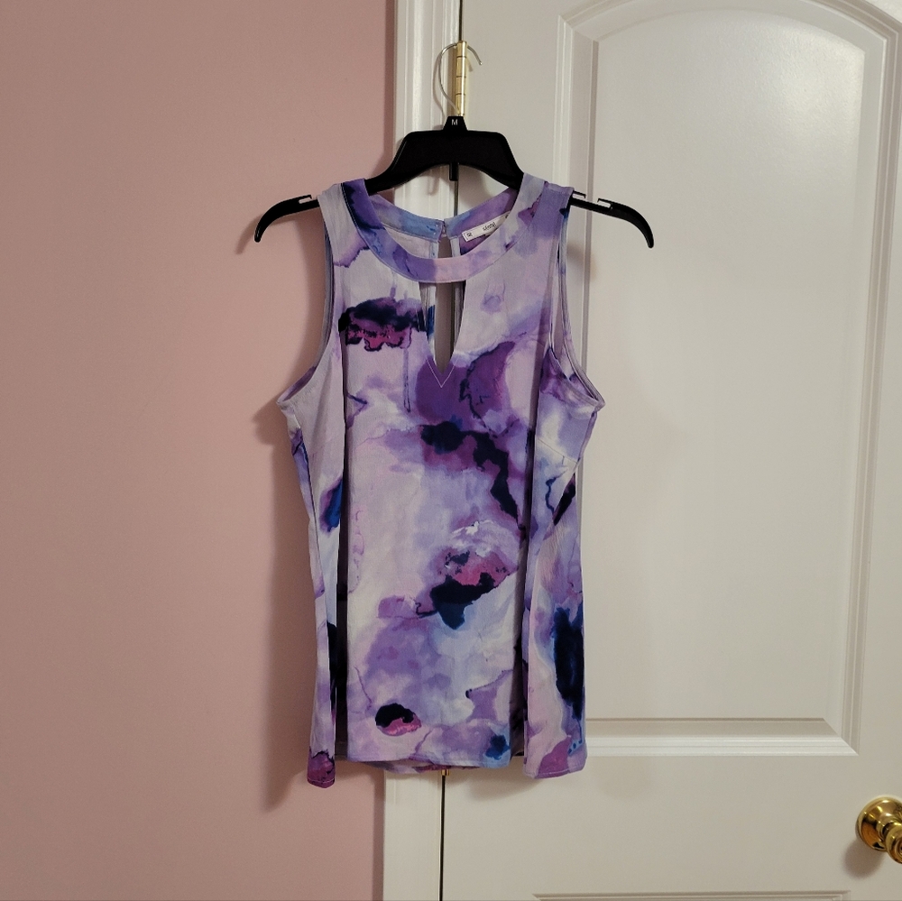 Womens Sioni Purple Abstract Watercolor Keyhole Sleeveless Blouse- S- Floral